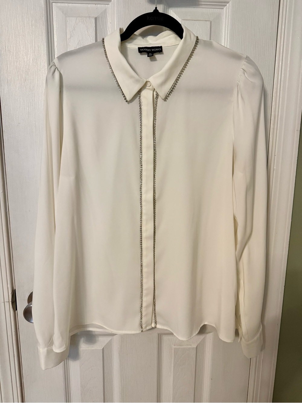 Modern Works White Satin Button-Up Shirt XL Long Sleeve Rhinestone Trim